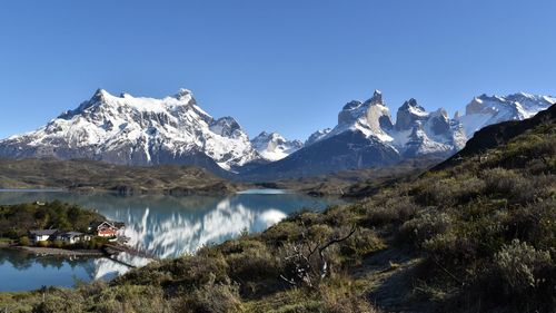 Scenic view of snowcapped mountains against clear sky