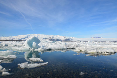 Beautiful scenic icebergs and glacier in a lagoon in the south of iceland.