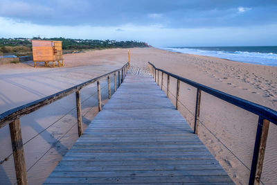 Boardwalk leading towards beach against sky