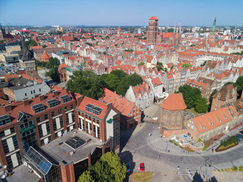 High angle shot of townscape against sky