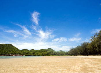Wide view of sea and the mountain on island with blue sky background