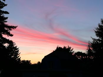 Silhouette trees against orange sky