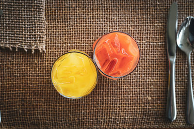 High angle view of drink on table