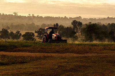 Scenic view of agricultural field against sky during sunset