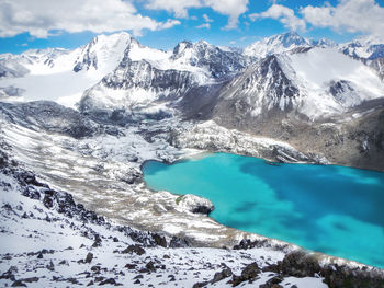Scenic view of lake amidst snowcapped mountains during winter