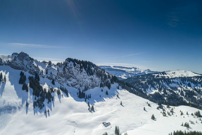 Scenic view of snow covered mountains against sky