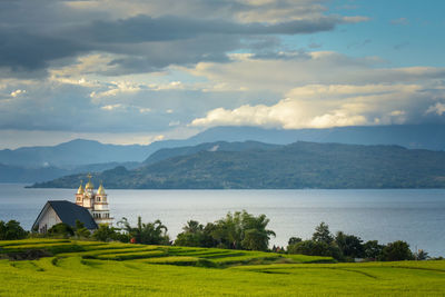 Scenic view of field by sea against sky