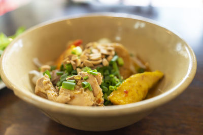 Close-up of soup served in bowl