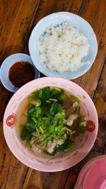 High angle view of meal served on table