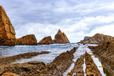 Panoramic view of rocks on beach against sky