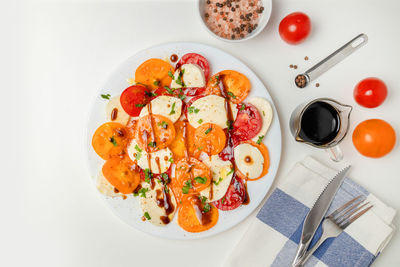High angle view of breakfast served on table