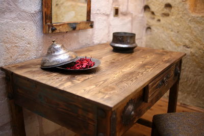 Close-up of objects on table at home