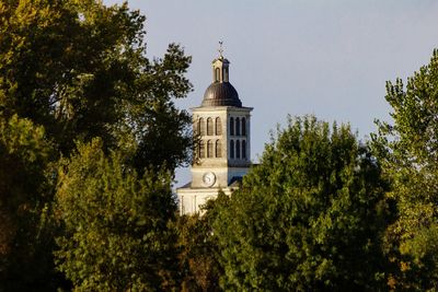 Low angle view of trees and building against sky