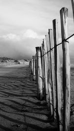 Wooden posts on beach against sky