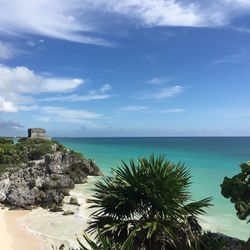 Scenic view of sea against blue sky