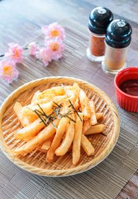 High angle view of food in plate on table