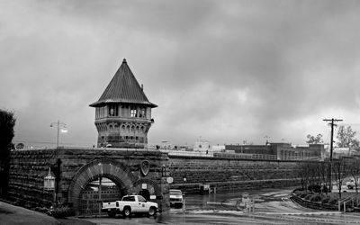 Folsom prison against cloudy sky