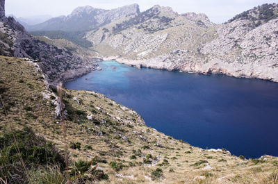 High angle view of lake and rocks