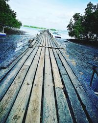 Surface level of wooden bench by lake against sky