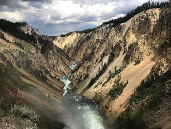 Scenic view of waterfall against sky