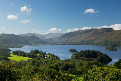 Scenic view of lake and mountains against sky