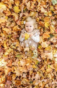 Portrait of cute girl amidst dry leaves during autumn