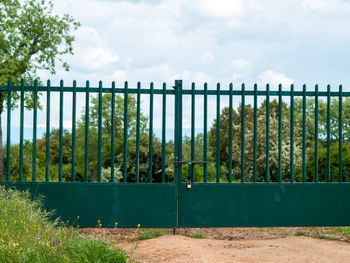 Closed green gate at forest against sky