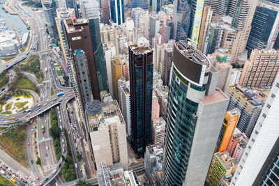 High angle view of modern buildings in city