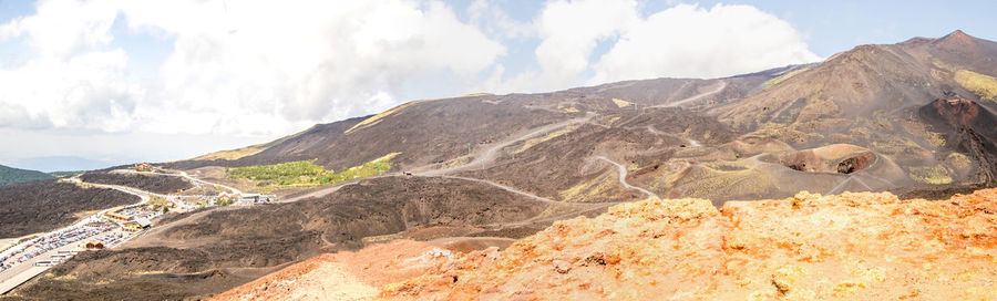 View of mountain range against cloudy sky