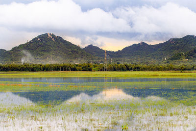 Scenic view of lake in front of mountains against cloudy sky