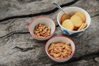 High angle view of breakfast on table