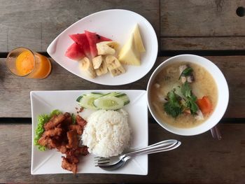 High angle view of meal served on table