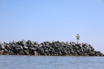 Scenic view of sea against clear blue sky