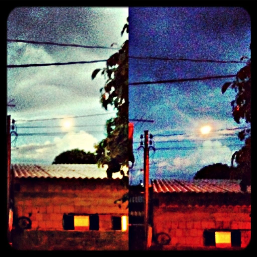 transfer print, auto post production filter, sky, low angle view, power line, cloud - sky, architecture, building exterior, built structure, cloud, cable, sunset, no people, window, outdoors, cloudy, electricity, power supply, dusk, house