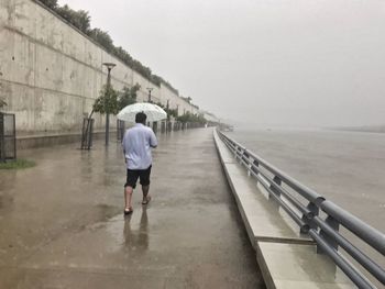 Rear view of man walking on railing against sea