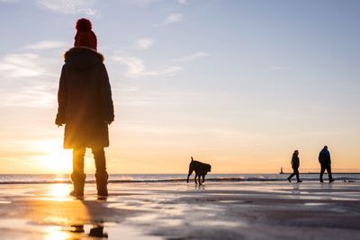 Rear view of child at beach against sky during sunset