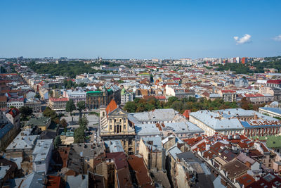 High angle view of townscape against sky