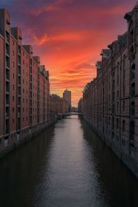 Canal amidst buildings against sky during sunset