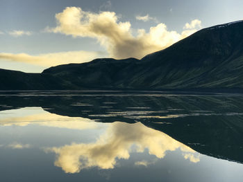 Scenic view of lake and mountains against sky during sunset