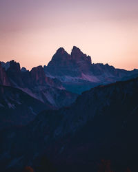 Scenic view of mountains against clear sky at sunset