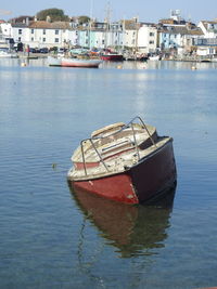 Sailboats moored in harbor