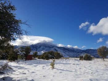 Scenic view of snow covered mountains against sky