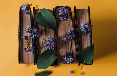 A stack of books with flowers between pages on a yellow table