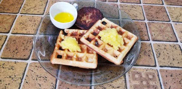 High angle view of breakfast on table