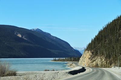 Scenic view of lake by mountains against clear blue sky