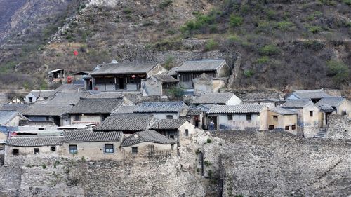 High angle view of houses in village