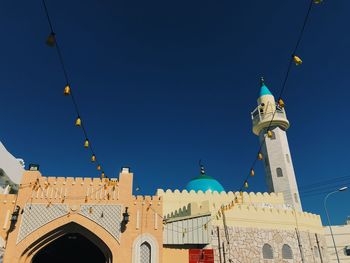 Low angle view of building against blue sky