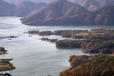 High angle view of lake and mountains