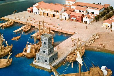 High angle view of houses by sea