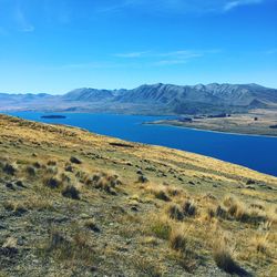 Scenic view of lake against blue sky